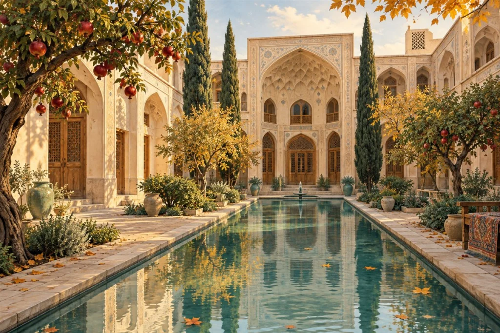 تصویر مفهومی حیاط ایرانی با الهام از معماری کاشان