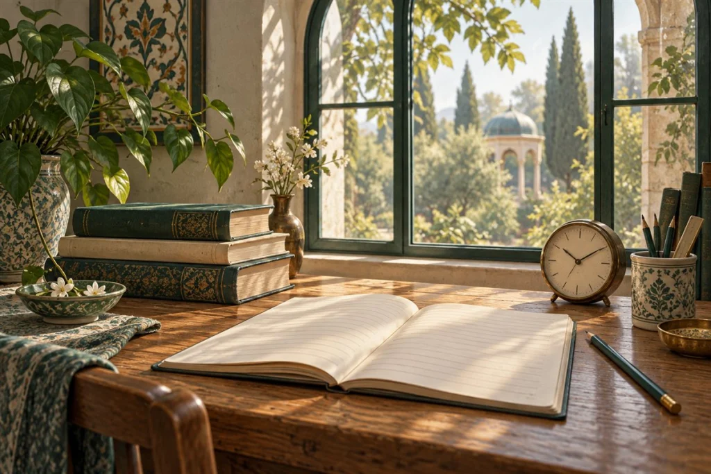 تصویر مفهومی میز مطالعه، کتاب و دفتر در نور طبیعی